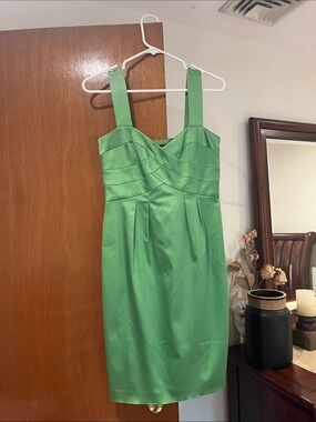 Democracy Green Satin Midi Dress with Pleated Crossover Bodice